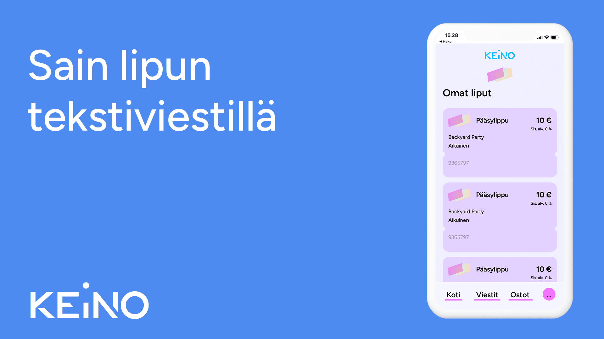KEINO lipunmyyntipalvelun tuki. Lipun lataaminen linkillä. Kuvassa puhelin, jonka ruudussa KEINO-lipunmyyntipalvelun tapahtumasivu ja lippukauppa