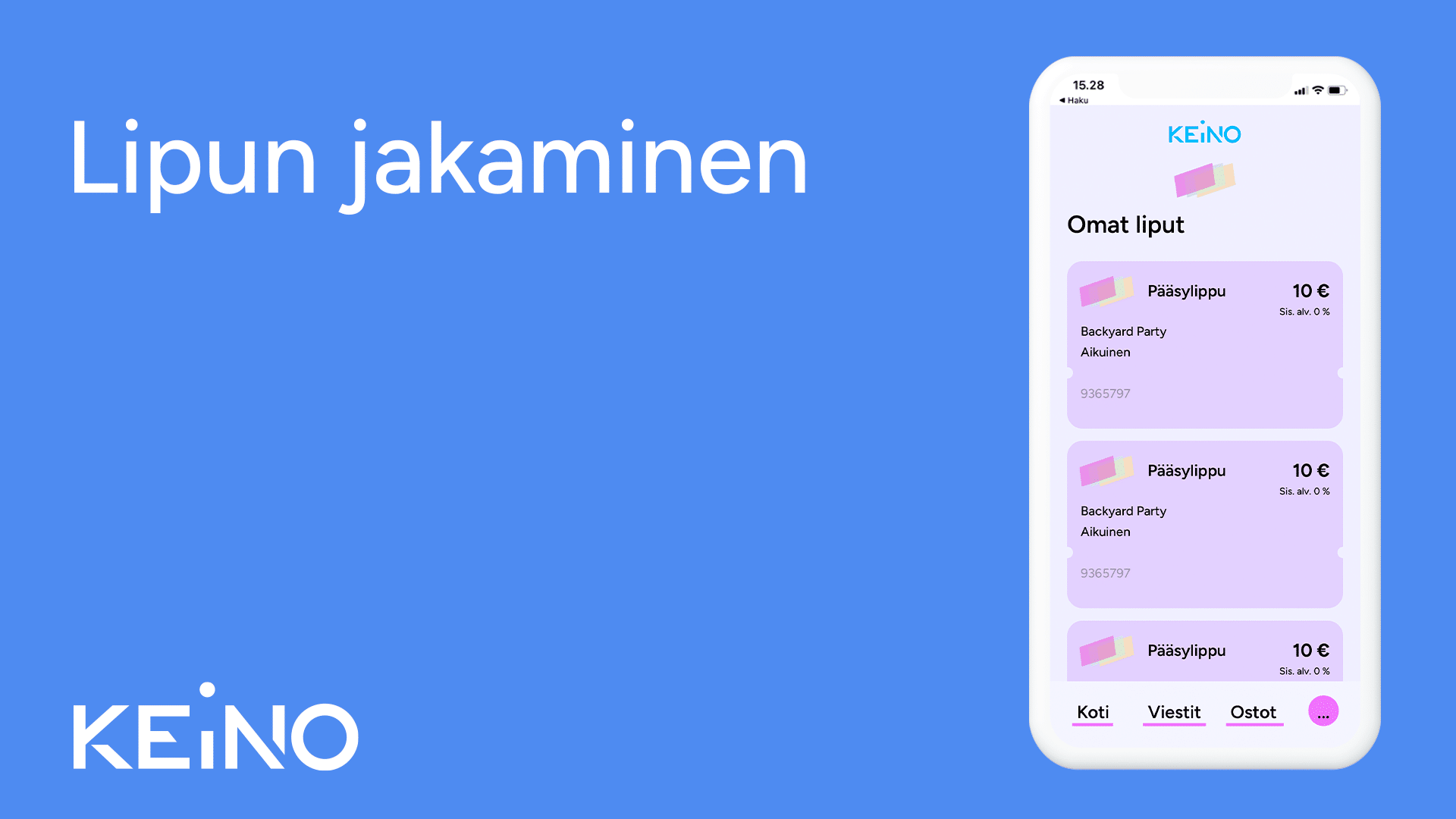 KEINO lipunmyyntipalvelun tuki. Lipun jakaminen toiselle. Kuvassa puhelin, jonka ruudussa KEINO-lipunmyyntipalvelun tapahtumasivu ja lippukauppa