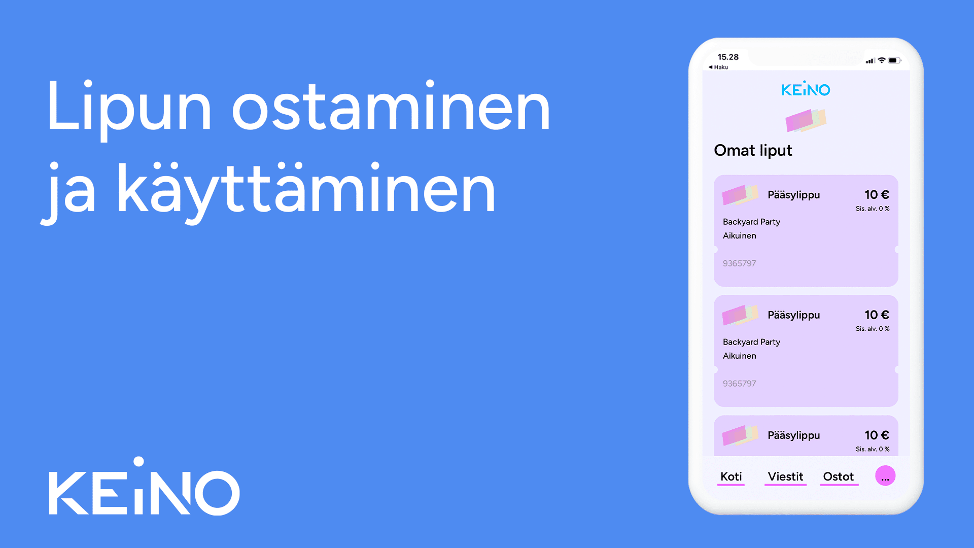 KEINO lipunmyyntipalvelun tuki. Näin ostat ja käytät lipun. Kuvassa puhelin, jonka ruudussa KEINO-lipunmyyntipalvelun tapahtumasivu ja lippukauppa